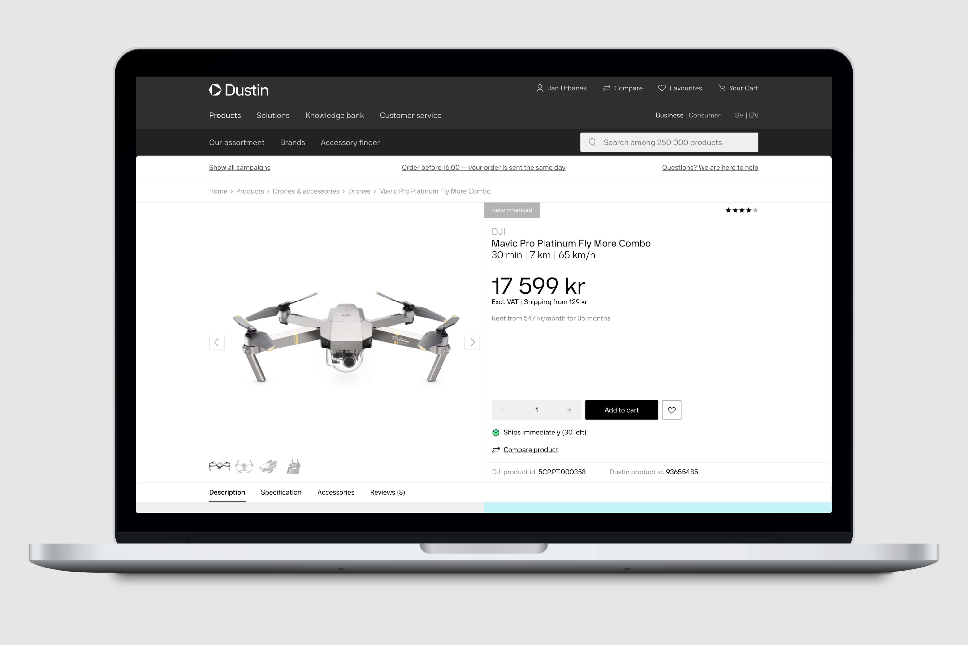 New Dustin product page UI with a drone product.