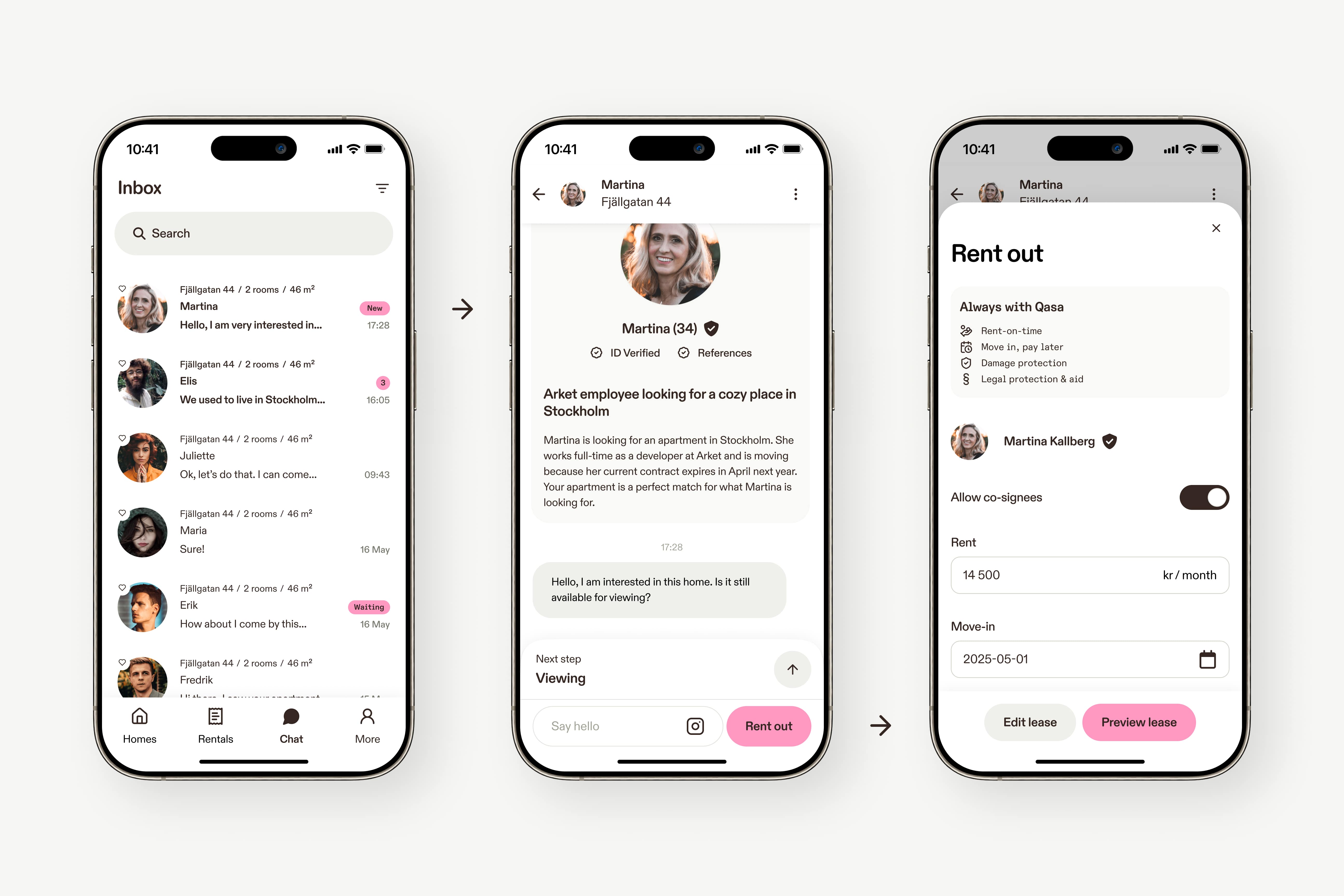 Three phone mockups showing the chat UI