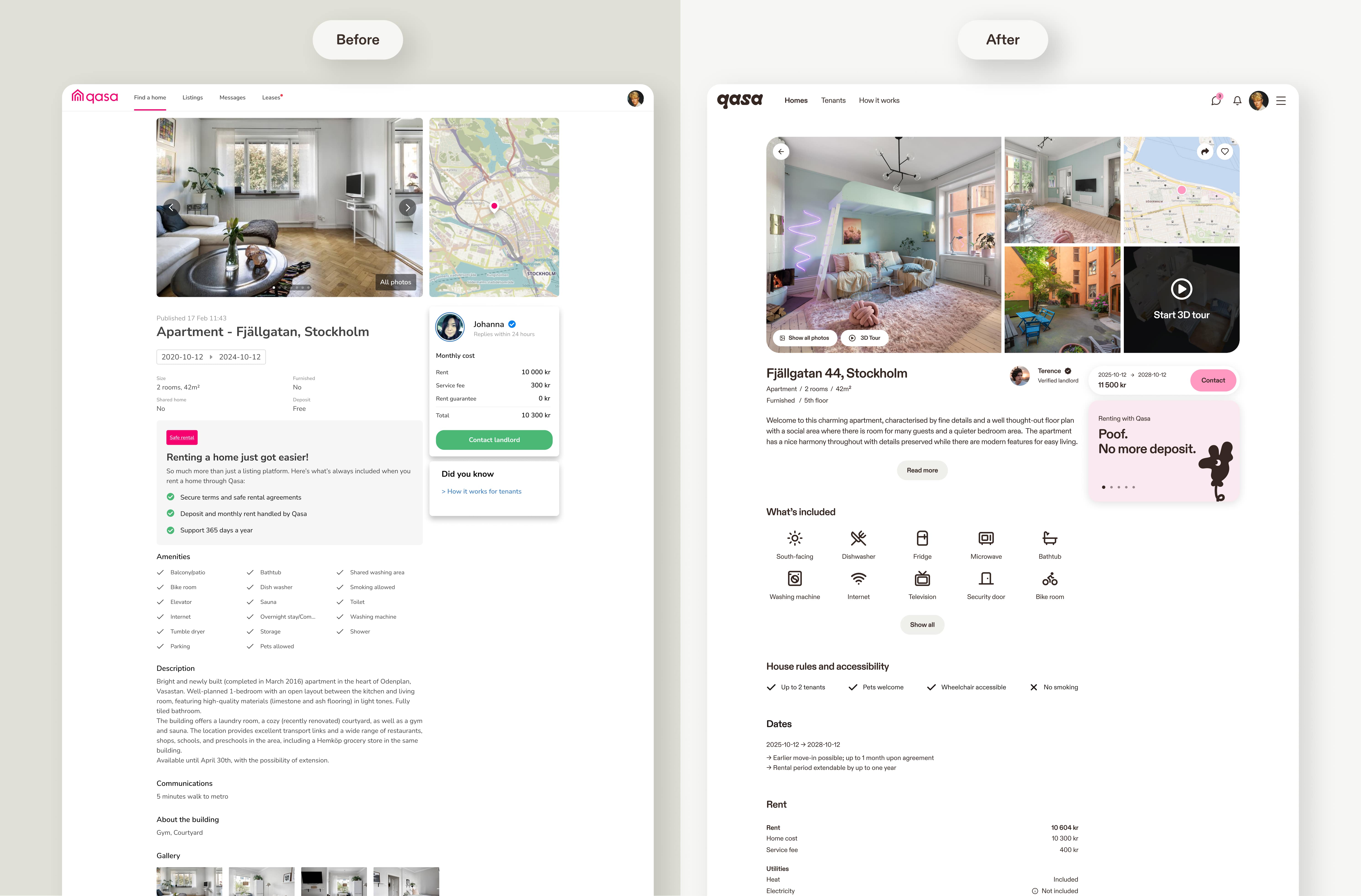 Two home listing page designs on desktop, one before the rebranding and one after.